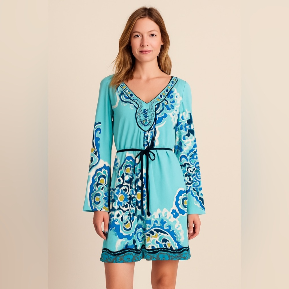 Hale Bob | 100% Silk Bohemian Paisley V Neck Wide Sleeve Dress - Small
